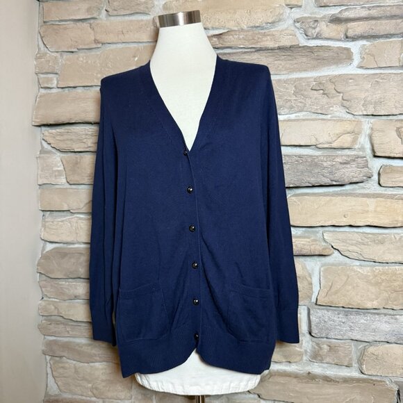 Eddie Bauer Women’s Navy Blue Cardigan Sweater XL Cotton Cashmere Blend - Picture 1 of 9